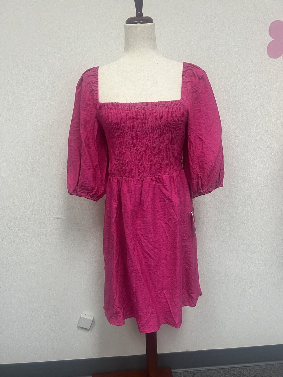 Bar III Womens Smocked Knee-Length Puff Sleeve Shift Dress Hot Pink Small |  eBay