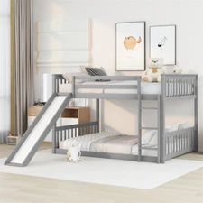 Wood Bed Frame Full Over Full Size Bunk Bed with Slide & Ladder for Kids Teens