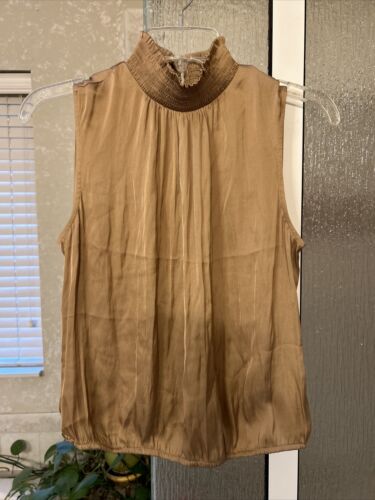 NWT Express Tan High Neck Pleated Open Back Sleeveless Blouse Lightweight Sz S