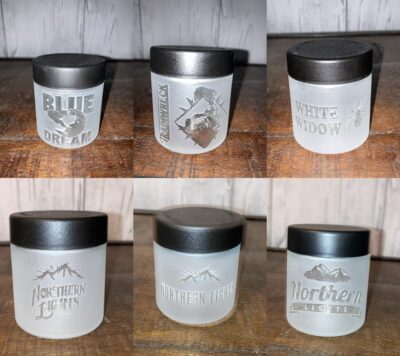New Hand Sandblasted / Etched , Child Resistant  Herb or Flower Strain Stash Jar