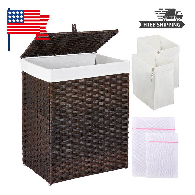 90L Folding Bamboo Laundry Hamper with Lid and 2 Removable Liners-image