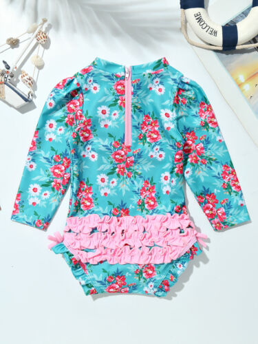 Infant Baby Girls' One-Piece Floral Rash Guard Ruffled Zipper Swimsuit Swimwear - Picture 25 of 64