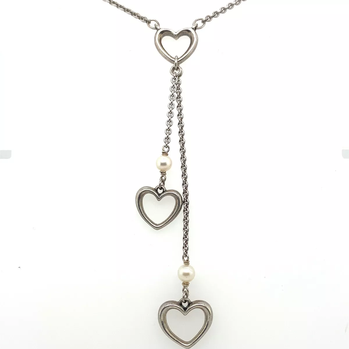 RETIRED James Avery Sterling Silver Hearts and Cultured Pearls Necklace 20 Inch