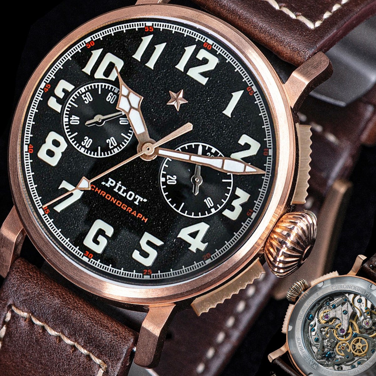 Sugess 42mm PILOT MASTER Chrono CuSn8 Bronze Mechanical Mens Watch