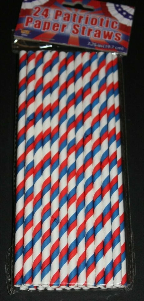 24 pajitas de papel patriótico a rayas rojas, blancas y azules, ecológicas 4 de julio Foto 2 de 2