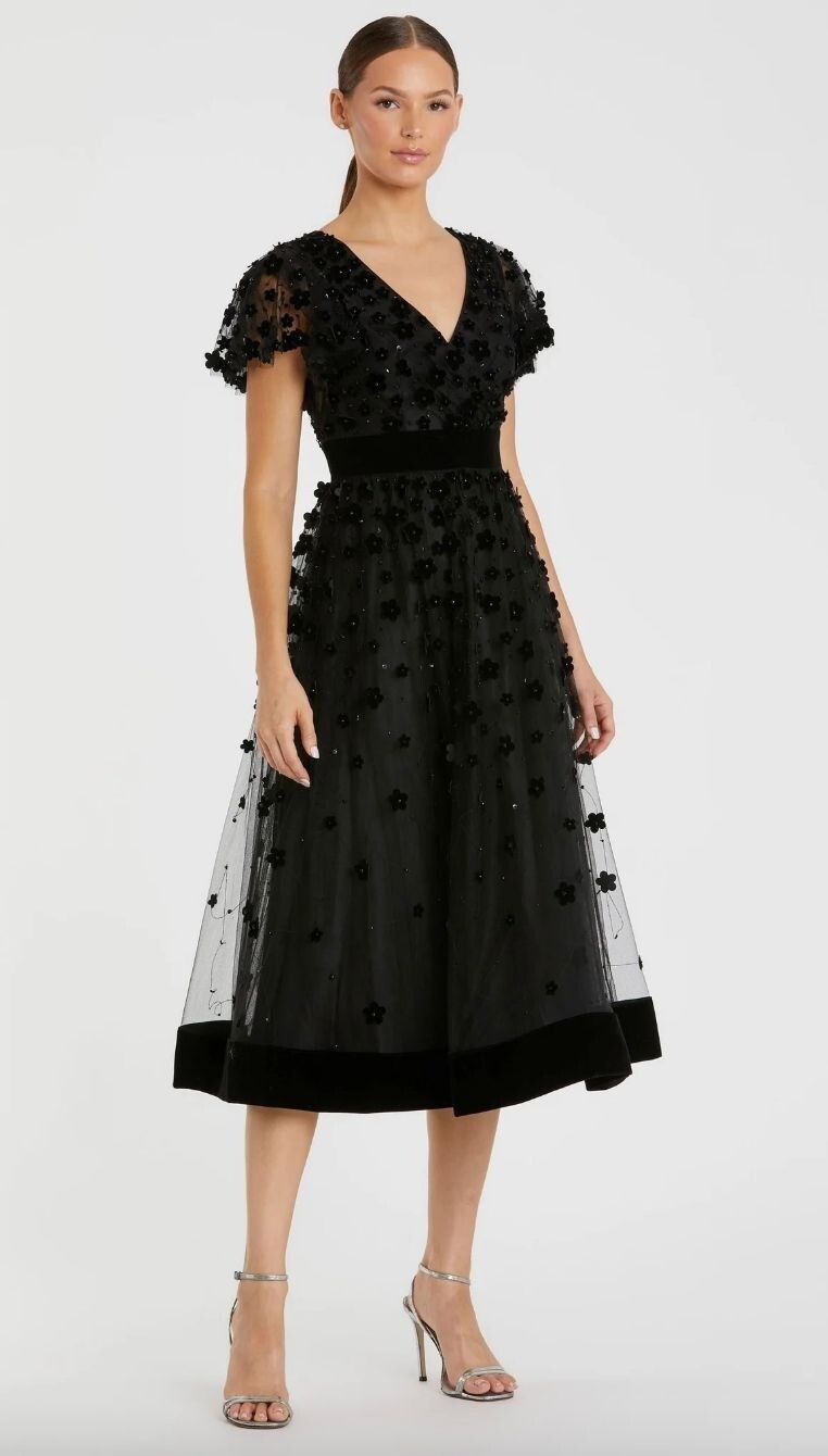 Mac Duggal 67854 Black Embellished Floral Butterfly Sleeve Midi Dress Size 10