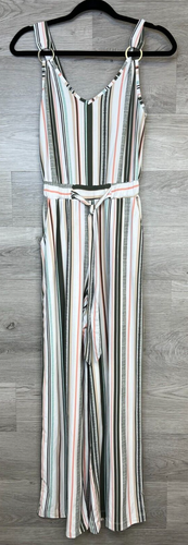 Derek Heart Jumpsuit Womens Small White Green Striped Belt Pocket Loose Pants