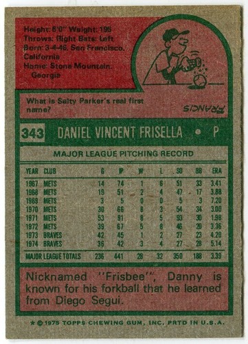 1975 Topps #343 Danny Frisella San Diego Padres - Bild 2 von 2