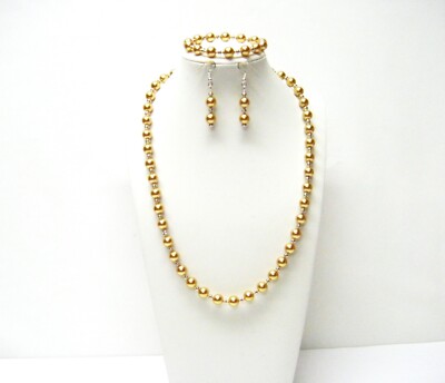 8mm Gold Glass Pearl w/Silver Findings Necklace/Bracelet/Earrings Set