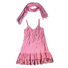 Raya Sun Pink Embroidered Boho Mini Dress with Scarf Set L Floral Tiered