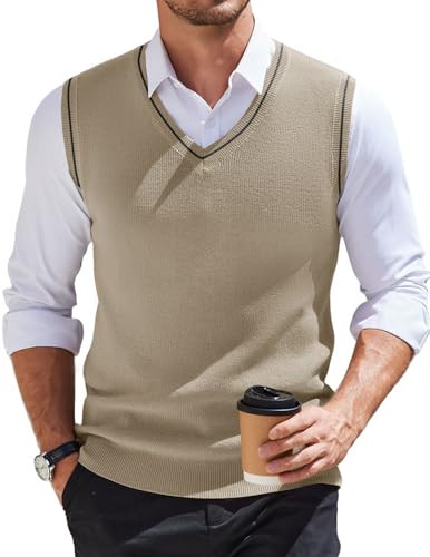 Men's Sweater Vest V Neck Sleeveless Sweater X-Large Khaki