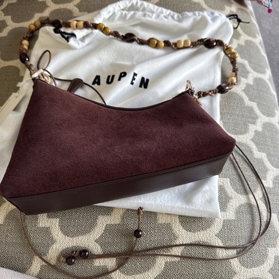 NWT Aupen Nirvana Chocolate Brown Suede Bag Macrame Beaded Cord Strap w Dustbag