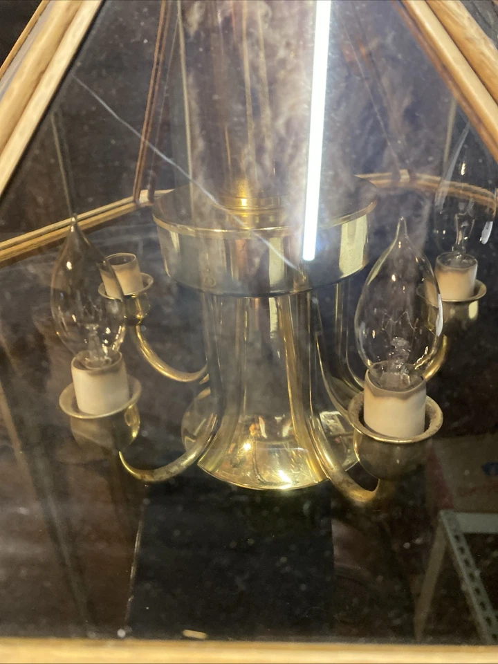 Lamas de madera latón vidrio vintage MCM colgante lámpara accesorio de techo HEXÁGONO Foto 3 de 4