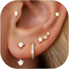 6 Pairs 14K Gold Plated Stud Earrings for Women, Hypoallergenic Cartilage Earrin