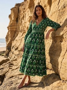 pink city prints green dress CATEGORY::extended size