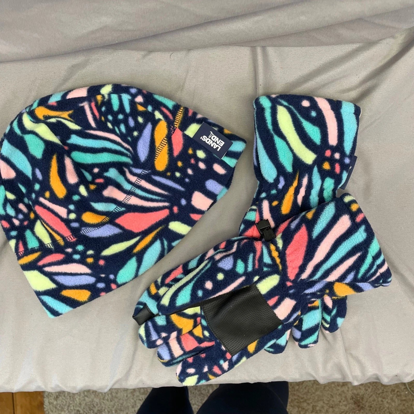 Lands End Kids Fleece Hat and Gloves Set Multi-Color Abstract Print Blue Large