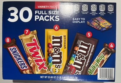 30 Full Size Candy Bars Variety Pack Snickers Twix M&Ms Milky Way Bulk Gift Box