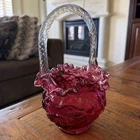 Vintage Fenton Cranberry Glass Ruffled Floral Basket Clear Handle 9.5”