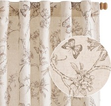Charlotte Farmhouse Lined Linen Taupe Floral Curtains 96 Inch Long Back Tab