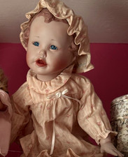 Cloth Soft Body Baby Girl Doll Blue Eyes Light Complexion Pink Dress Bonnet