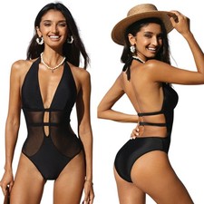 Cupshe Women's Black Mesh Plunging Halter One Piece Swimsuit Size Medium
