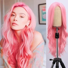 Long Pink Wig for Women Middle Part Pink Wavy Wigs Natural Looking Synthetic ...