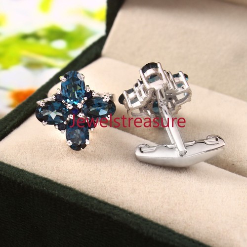 Natural London Blue topaz & Sapphire Gemstones 925 Sterling silver Cufflinks #45 - Picture 4 of 6