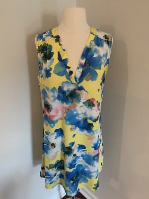 Womens NWOT Point Sleeveless Dress Sz M Watercolor Floral Yellow Easter VNeck
