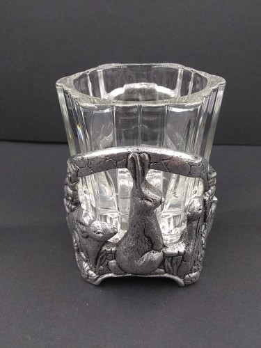 Vintage 1997 Carson Pewter Votive Candle Holder glass liner bunny rabbits - Picture 13 of 16