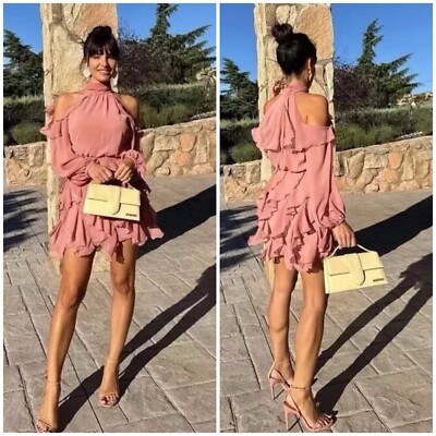 ZARA FW24 WOMAN HIGH COLLAR RUFFLED MINI DRESS XL MARSALA