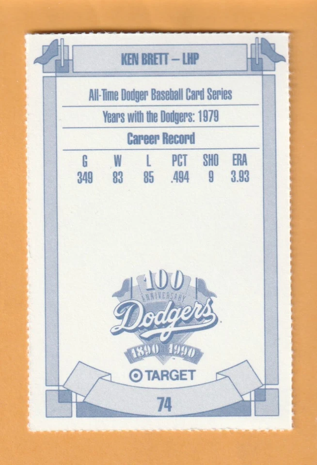 Ken Brett Los Angeles Dodgers 1990 Target #74 Boston Terriers El Segundo CA - Image 2 of 2