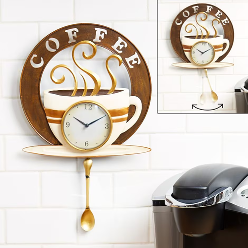 Pot Kettle Wall Clock Swinging Pendulum Cup Designer Cafe Kitchen Home Decor - Picture 1 of 3