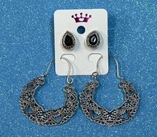 Vintage Antiqued Silver Dangle Hoop Earrings & Black Cubic Stud Earring Set