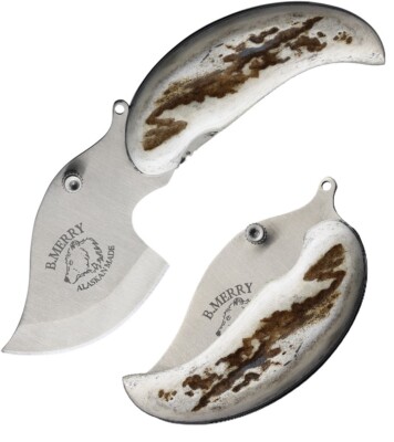 B Merry Pocket Ulu Fixed Knife 1.75'' 440 Steel Blade Caribou Antler Handle PUCA