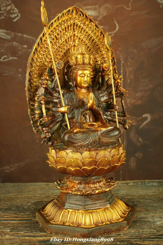 11" Old Tibet Bronze Gilt Temple 1000 Arms Kwan-yin Quan Guan Yin Buddha Statue - Image 4 of 4