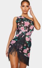 Pretty Little Thing Rose Print Asymmetric Fringe Beach Holiday Dress Size 8 BNWT