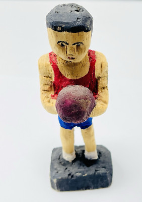 Folk Art Basketball Player Hand Carved Painted Basswood Balsa Wood Vintage