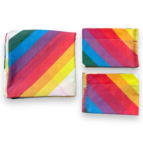 3pc Vintage 1970s Rainbow Flat Double Sheet 2 Pillowcases Fabric Stranger Things - Afbeelding 1 van 11