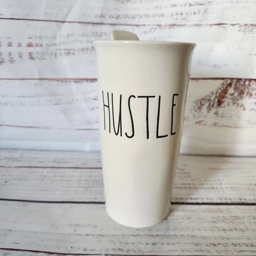 Rae Dunn Hustle Ceramic 7"  Travel Coffee Tea Cup 12oz White Lid