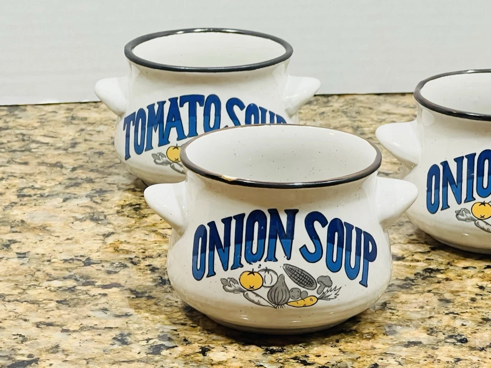 "Juego vintage de 4 cuencos de sopa de gres 3 cebollas 1 patata 5"" mango a mango" Foto 4 de 4