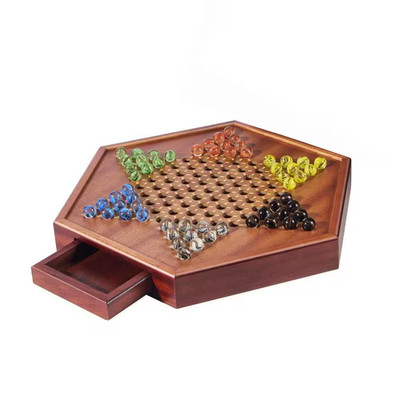 Large Wooden Chinese Checkers Game Set with 72 Colorful Glass Marbles & Dual-Sid
