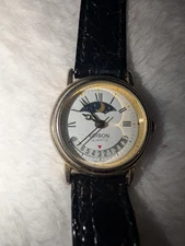 Vintage 90s Edison Women Moon Phase Black Leather Quartz Analog Watch Japan Movt