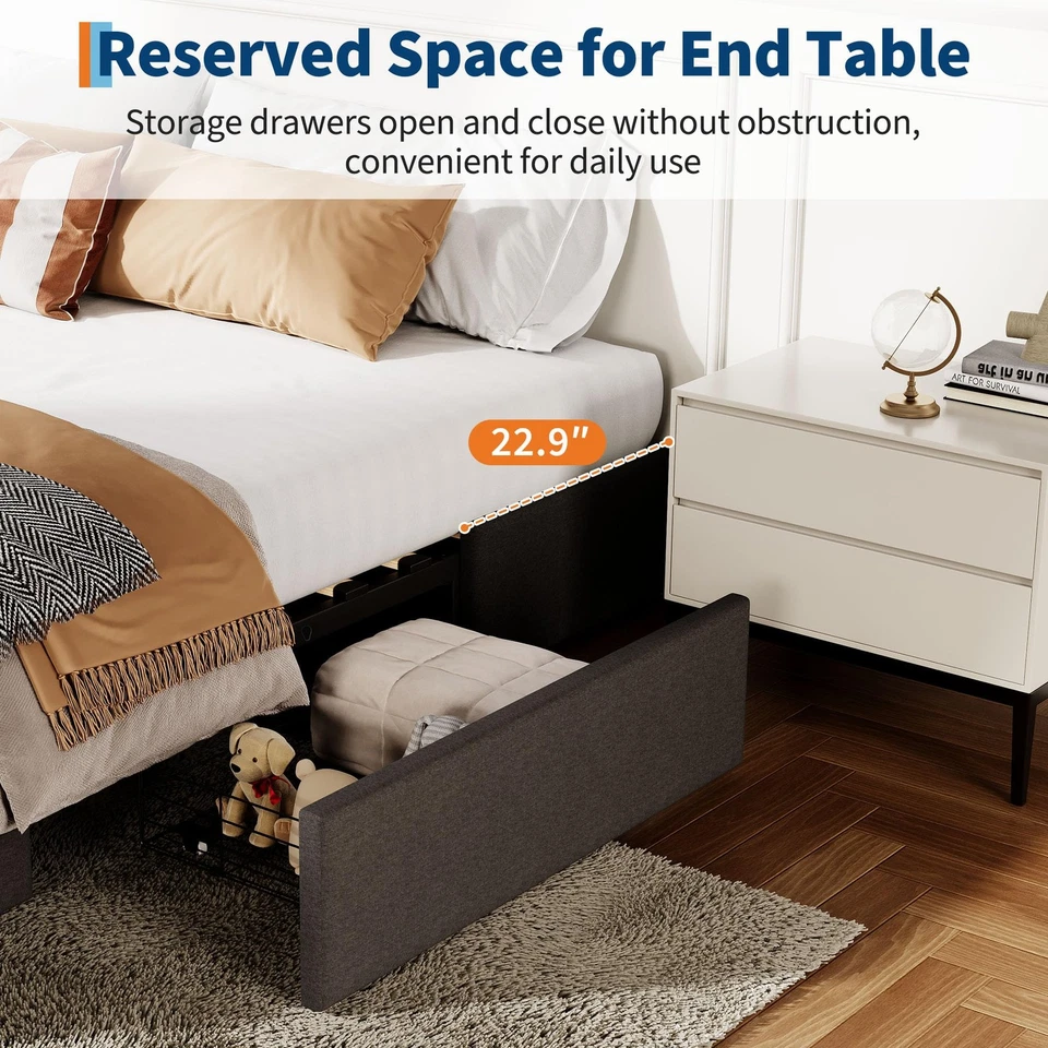 Queen Storage Bed Frame w/ 3 Storage Drawers Upholstered Platform Bed Grey - Image 4 of 4