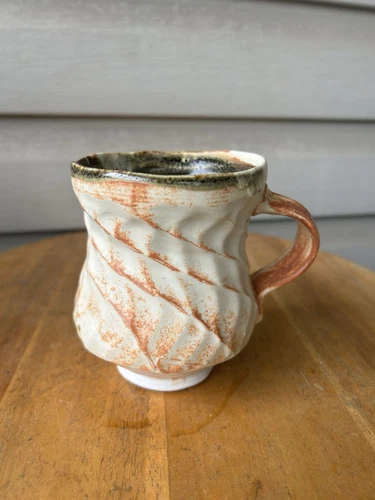Green Cream Textured Primitive Folk Hand Thrown Art Pottery Mug 16oz Signed RF