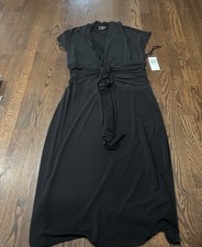 BCBG Paris Black Knit Tie Waist Wrap Dress Size L Short Sleeve V-Neck Midi