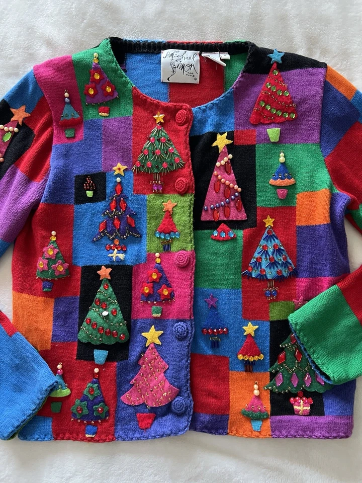 VTG MICHAEL SIMON NEW YORK Women’s M CHRISTMAS SWEATER CARDIGAN 1998 - Image 3 of 4