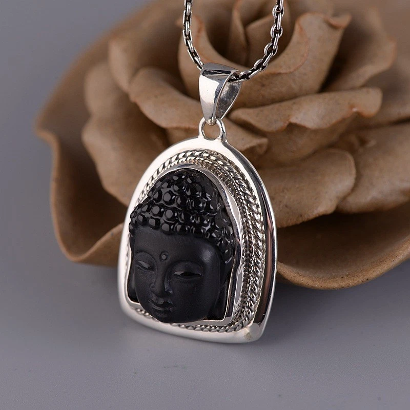 Colgante Cabeza de Buda Obsidiana Negra Tallada S925 Plata Protección Zen Amuleto Foto 3 de 4