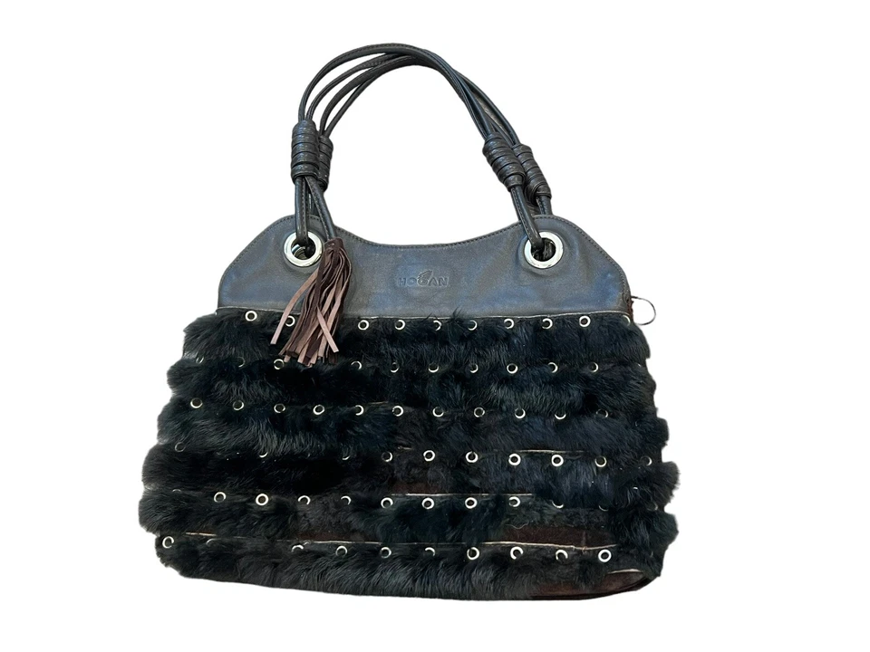 HOGAN BY TOD'S ITALY BROWN LEATHER SUEDE FUR GROMMET SHOULDER TOTE BAG HANDBAG - Image 3 of 4