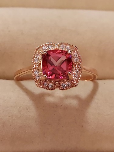 Cushion-Cut Pink Topaz 7mm & Simulated Cz's, 14K Rose Gold Plate St.S. 925, 8.5