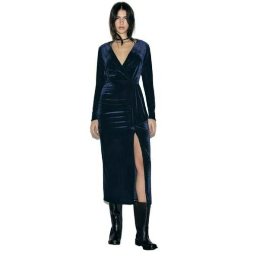 Zara Blue Velvet Dress Long Sleeve Midi Size Medium NWT - Picture 1 of 8